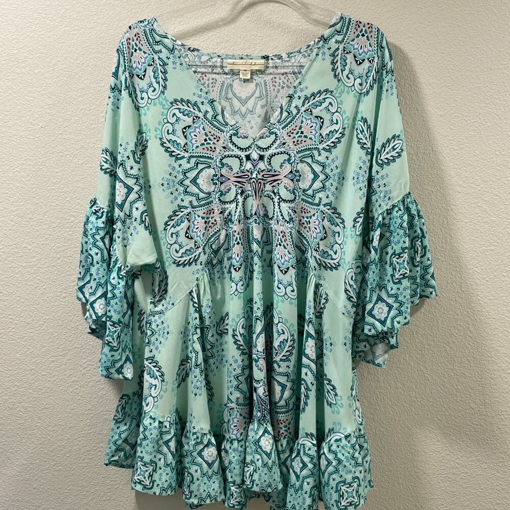 AVEOLOGY Paisley V-Neck Ruffle Sleeve Blouse Aqua/Turquoise/Pink Women 16